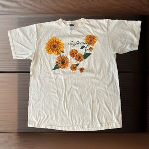 Vintage SUNFLOWER‎ NATURE T-Shirt art flower Wings Sportswear Size XL Off White